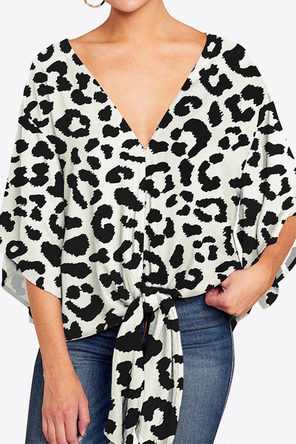 Shiny Printed Deep V Tie Hem Blouse