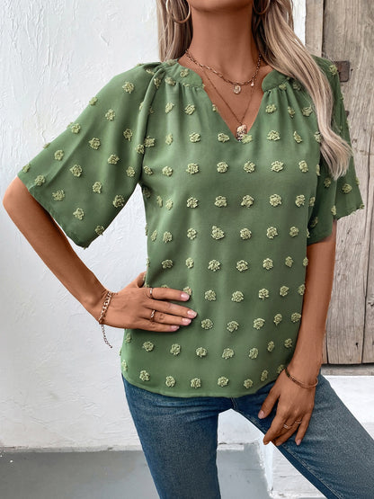 Ivy Lane Swiss Dot Notched Half Sleeve Blouse