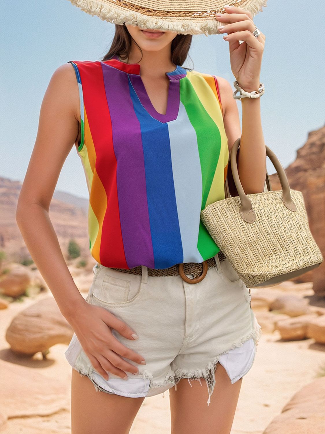 Perfee Color Block Notched Sleeveless Top