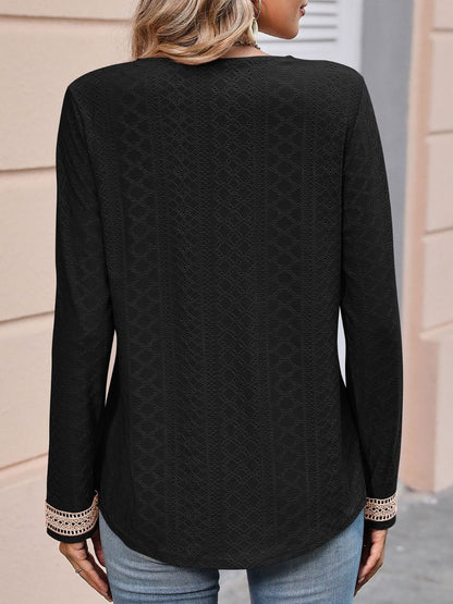 Mandy Contrast V-Neck Eyelet Long Sleeve Top