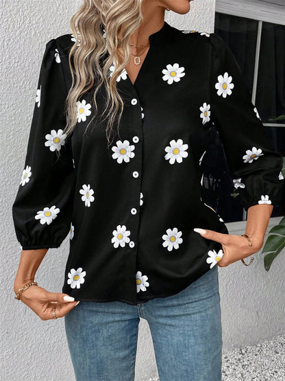 Daisy Notched Three-Quarter Sleeve Shirt