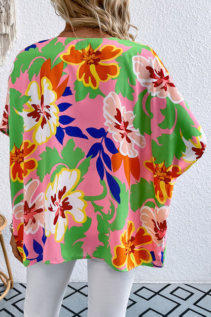 Floral Print V-Neck Short Raglan Sleeve Blouse