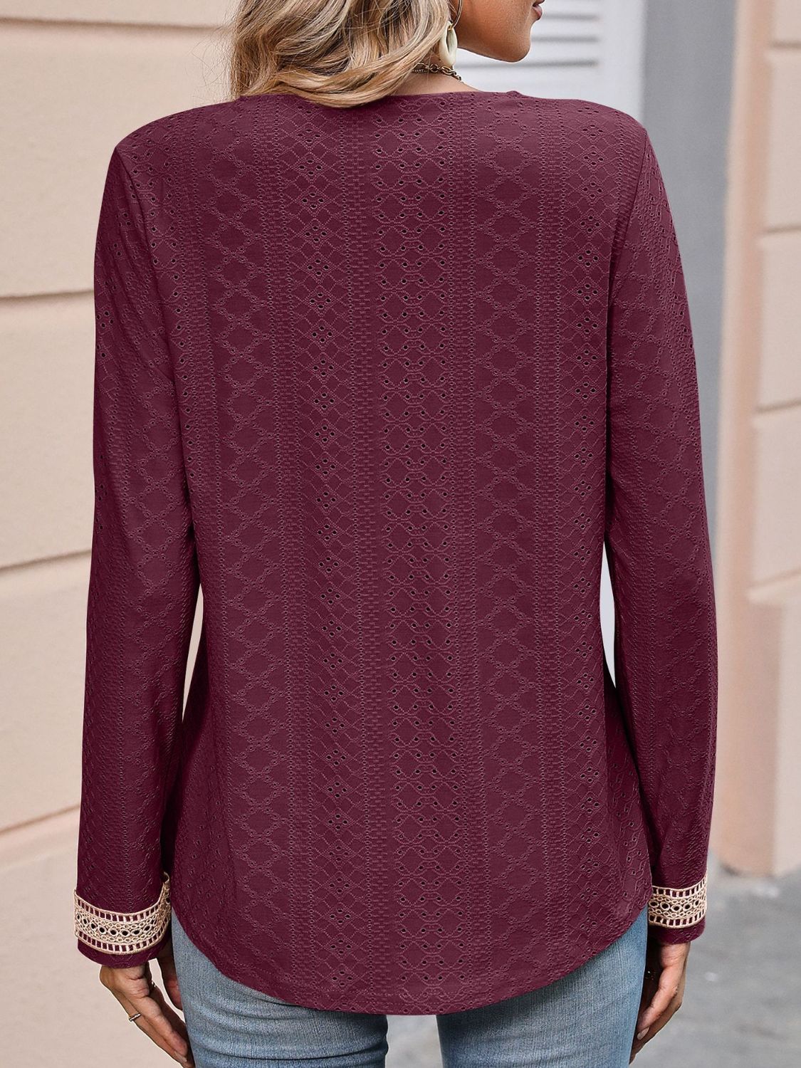 Mandy Contrast V-Neck Eyelet Long Sleeve Top