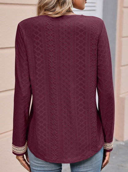 Mandy Contrast V-Neck Eyelet Long Sleeve Top