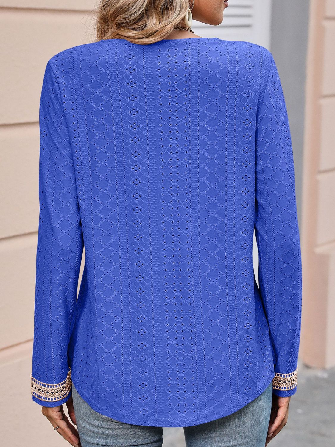 Mandy Contrast V-Neck Eyelet Long Sleeve Top