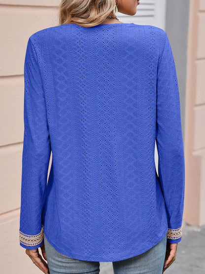 Mandy Contrast V-Neck Eyelet Long Sleeve Top