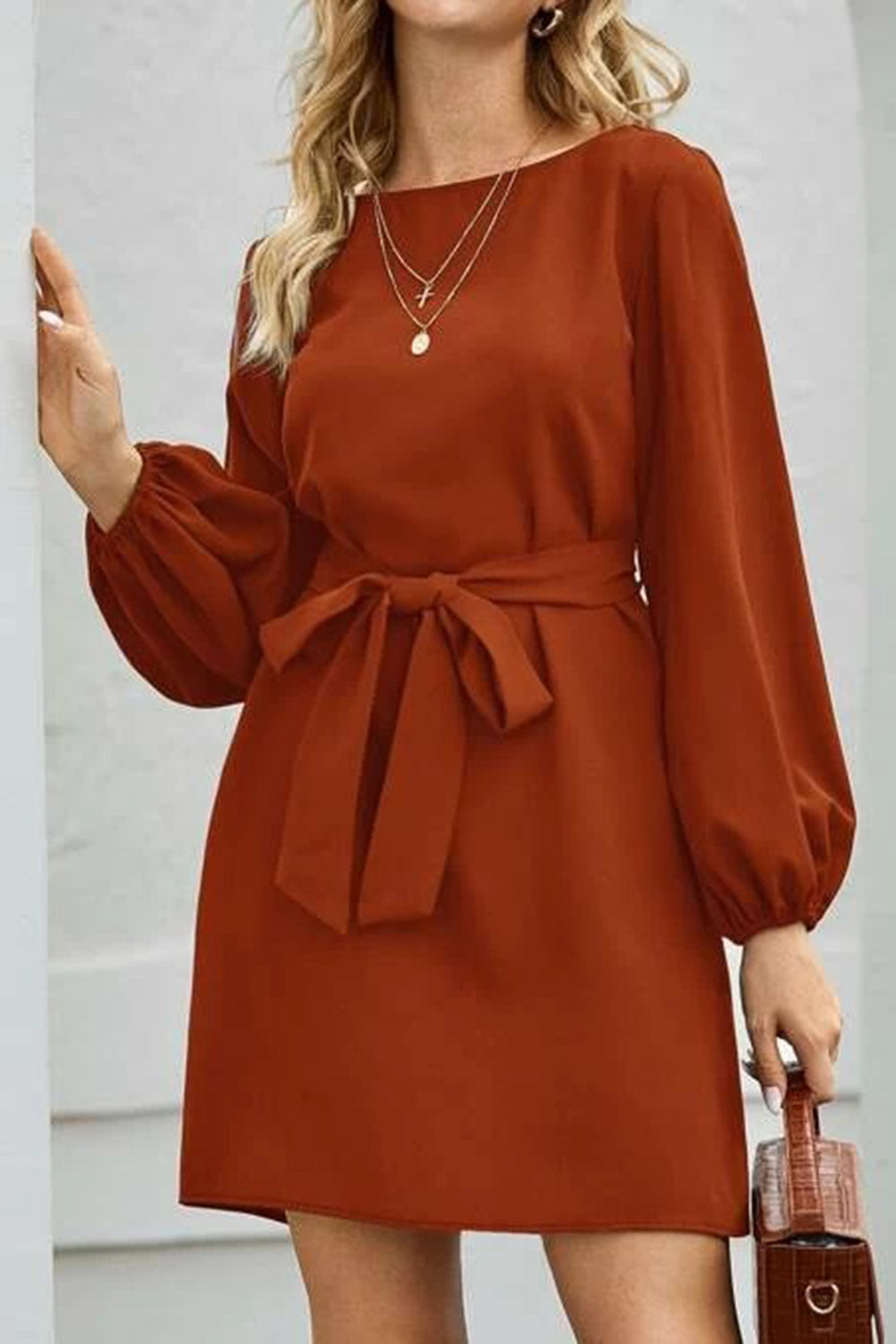 Tied Boat Neck Balloon Sleeve Mini Dress