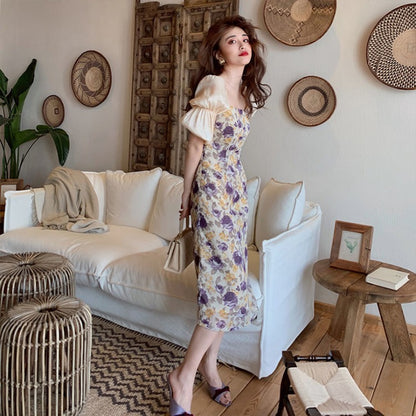 Square Neck Bubble Sleeve Dress Female