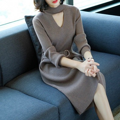 Hollow Sexy Fashion Slim-fit Over-the-knee Mid-length Long-sleeved Sweater Dress