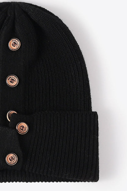 Button Detail Rib-Knit Cuff Beanie