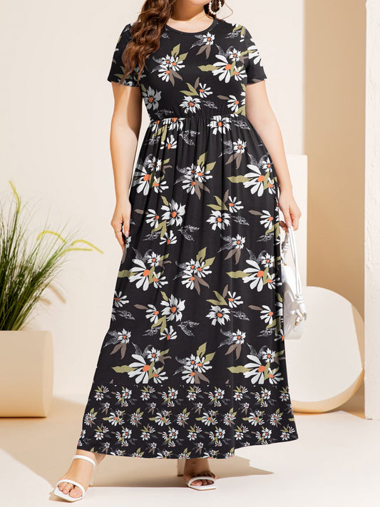 Plus Size Printed Round Neck Short Sleeve Maxi Dress