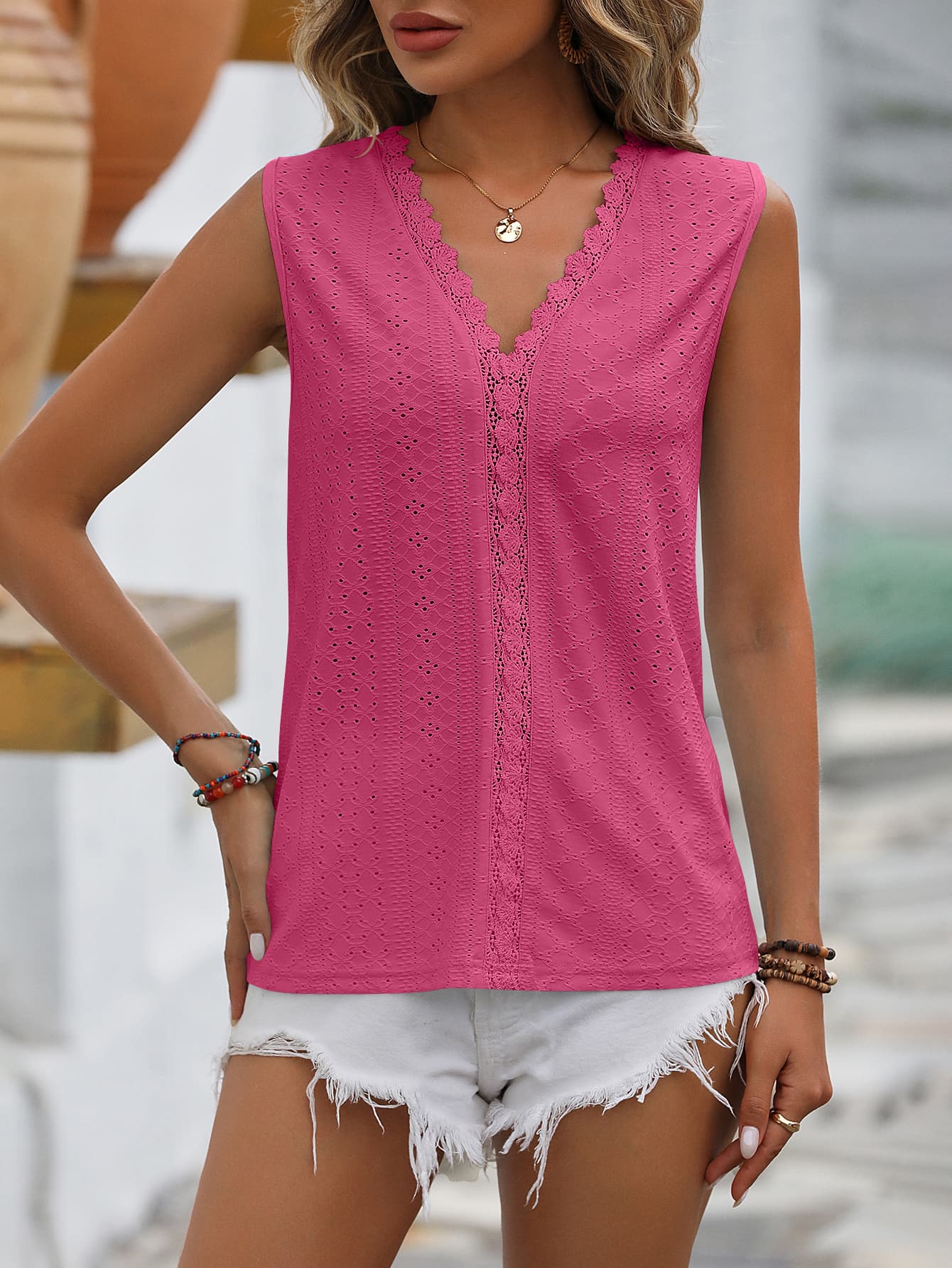 Mandy Spliced Lace V-Neck Sleeveless Tank