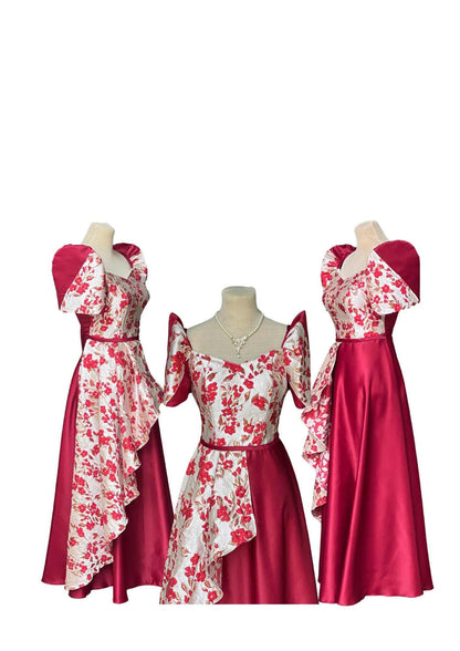 Filipiniana Dress Red Floral top Pristine #025