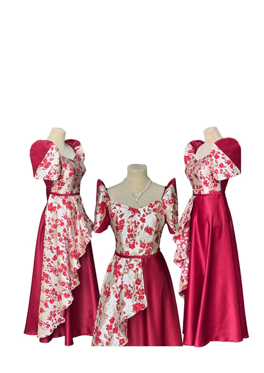 Filipiniana Dress Red Floral top Pristine #025