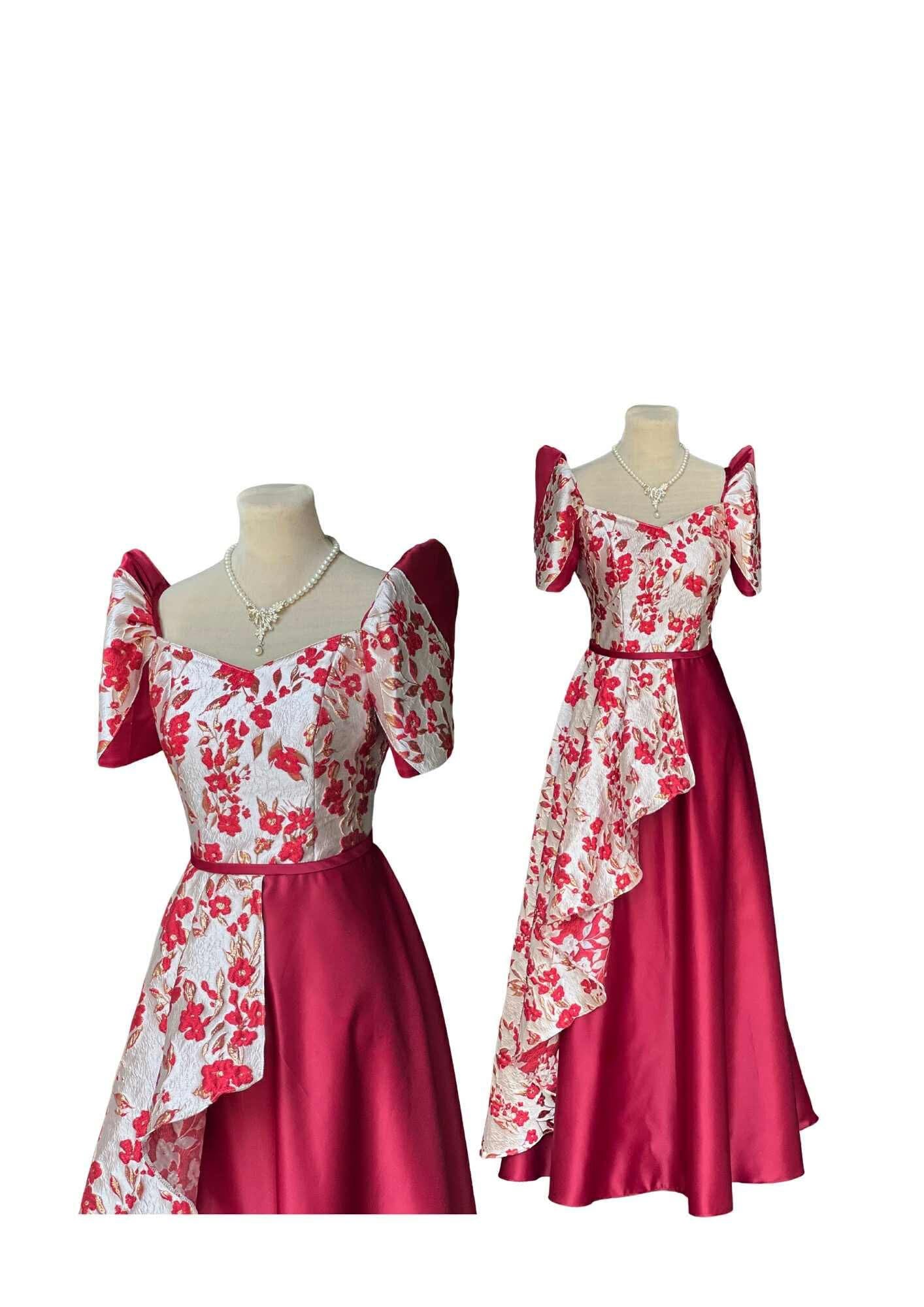 Filipiniana Dress Red Floral top Pristine #025