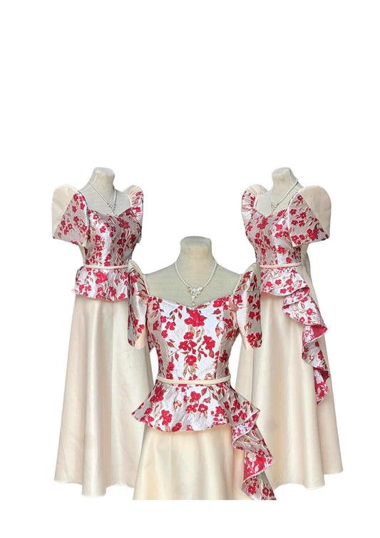 Filipininana Dress Beige with Red Floral Pristine #031