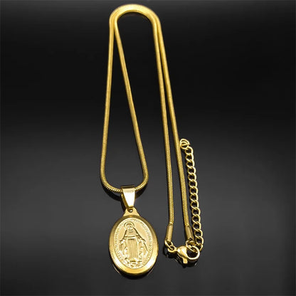 Catholic Virgin Mary Necklace Women Gold Color Religious Faith God Stainless Steel Oval Pendant Exquisite Jewelry Gifts ZZZ443-6