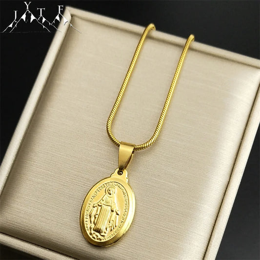 Catholic Virgin Mary Necklace Women Gold Color Religious Faith God Stainless Steel Oval Pendant Exquisite Jewelry Gifts ZZZ443-6