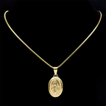 Catholic Virgin Mary Necklace Women Gold Color Religious Faith God Stainless Steel Oval Pendant Exquisite Jewelry Gifts ZZZ443-6