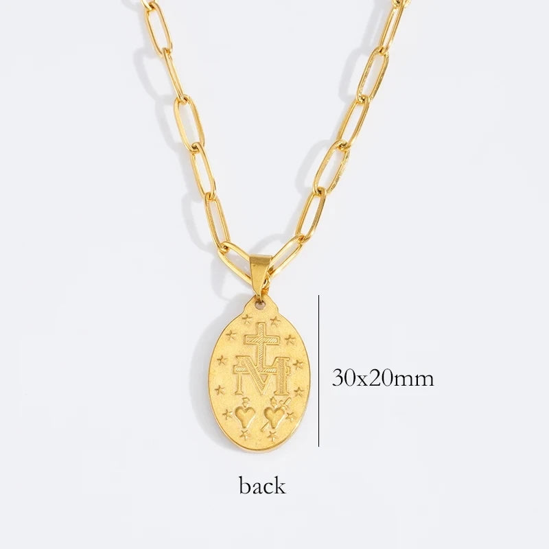 Golden Color Medalla Virgin Mary Necklace Stainless Steel Virgin Mary Pendant Necklace For Men Women Cross Medallion Choker