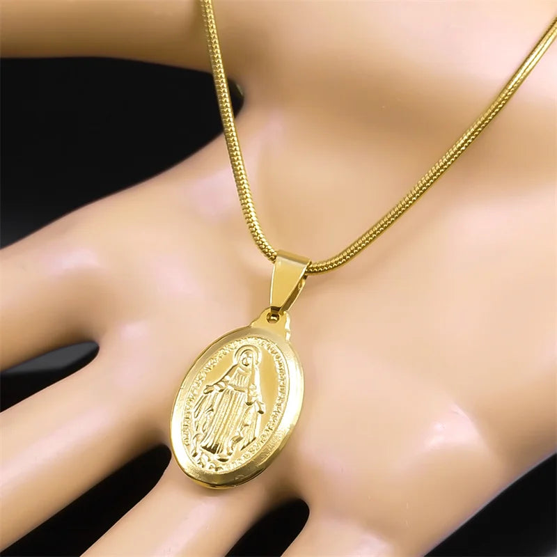 Catholic Virgin Mary Necklace Women Gold Color Religious Faith God Stainless Steel Oval Pendant Exquisite Jewelry Gifts ZZZ443-6