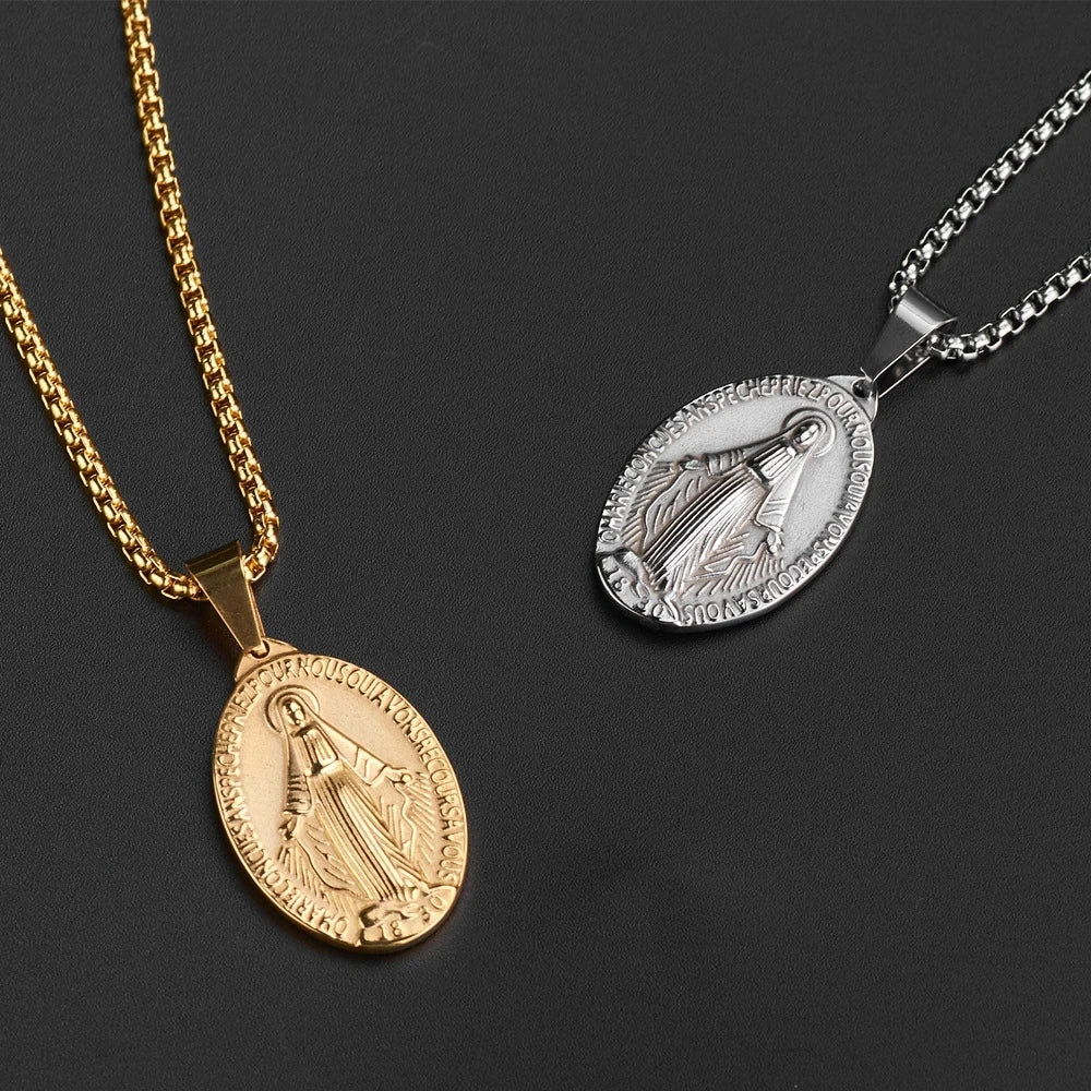 Golden Color Medalla Virgin Mary Necklace Stainless Steel Virgin Mary Pendant Necklace For Men Women Cross Medallion Choker