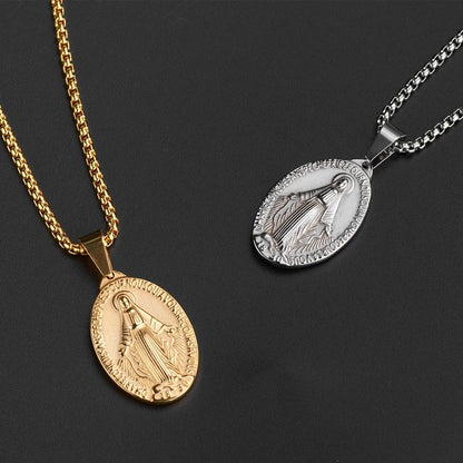 Golden Color Medalla Virgin Mary Necklace Stainless Steel Virgin Mary Pendant Necklace For Men Women Cross Medallion Choker