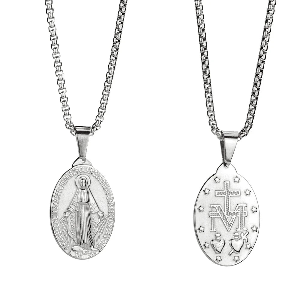 Golden Color Medalla Virgin Mary Necklace Stainless Steel Virgin Mary Pendant Necklace For Men Women Cross Medallion Choker