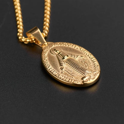 Golden Color Medalla Virgin Mary Necklace Stainless Steel Virgin Mary Pendant Necklace For Men Women Cross Medallion Choker