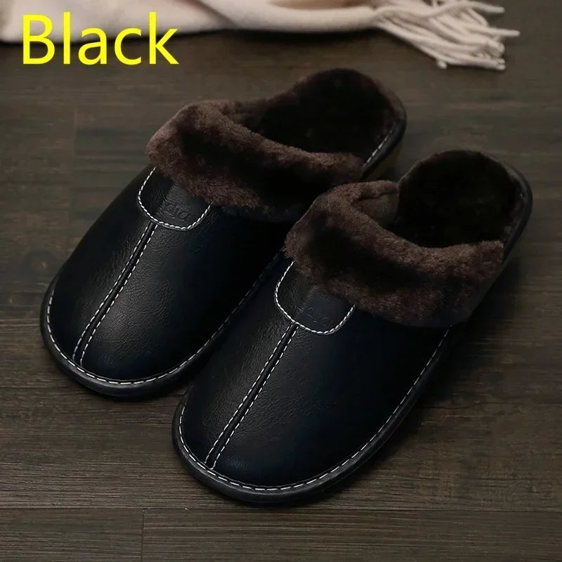 Men Slippers Black New Winter PU Leather Slippers Warm Indoor Slipper Waterproof Home House Shoes Women Warm Leather Slippers