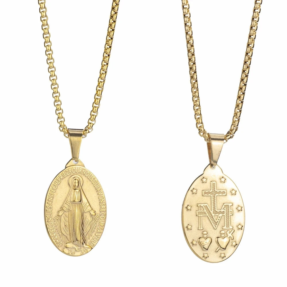 Golden Color Medalla Virgin Mary Necklace Stainless Steel Virgin Mary Pendant Necklace For Men Women Cross Medallion Choker