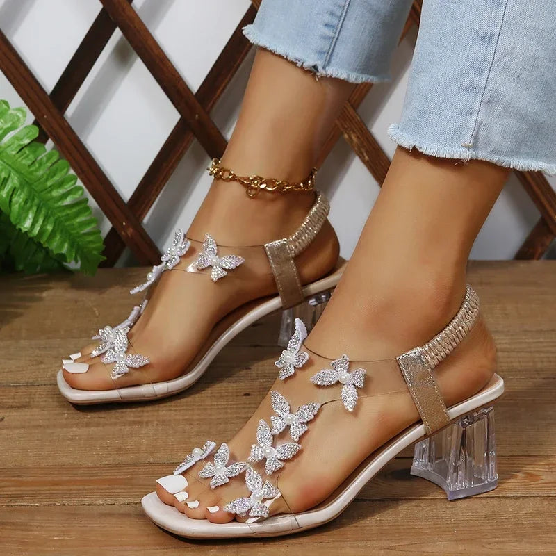 Woman Elastic Rhinestones Sandals Elegant Designer Female Sale Pvc Fashion Comfortable Medium Block High Heels Party Shoe Summer