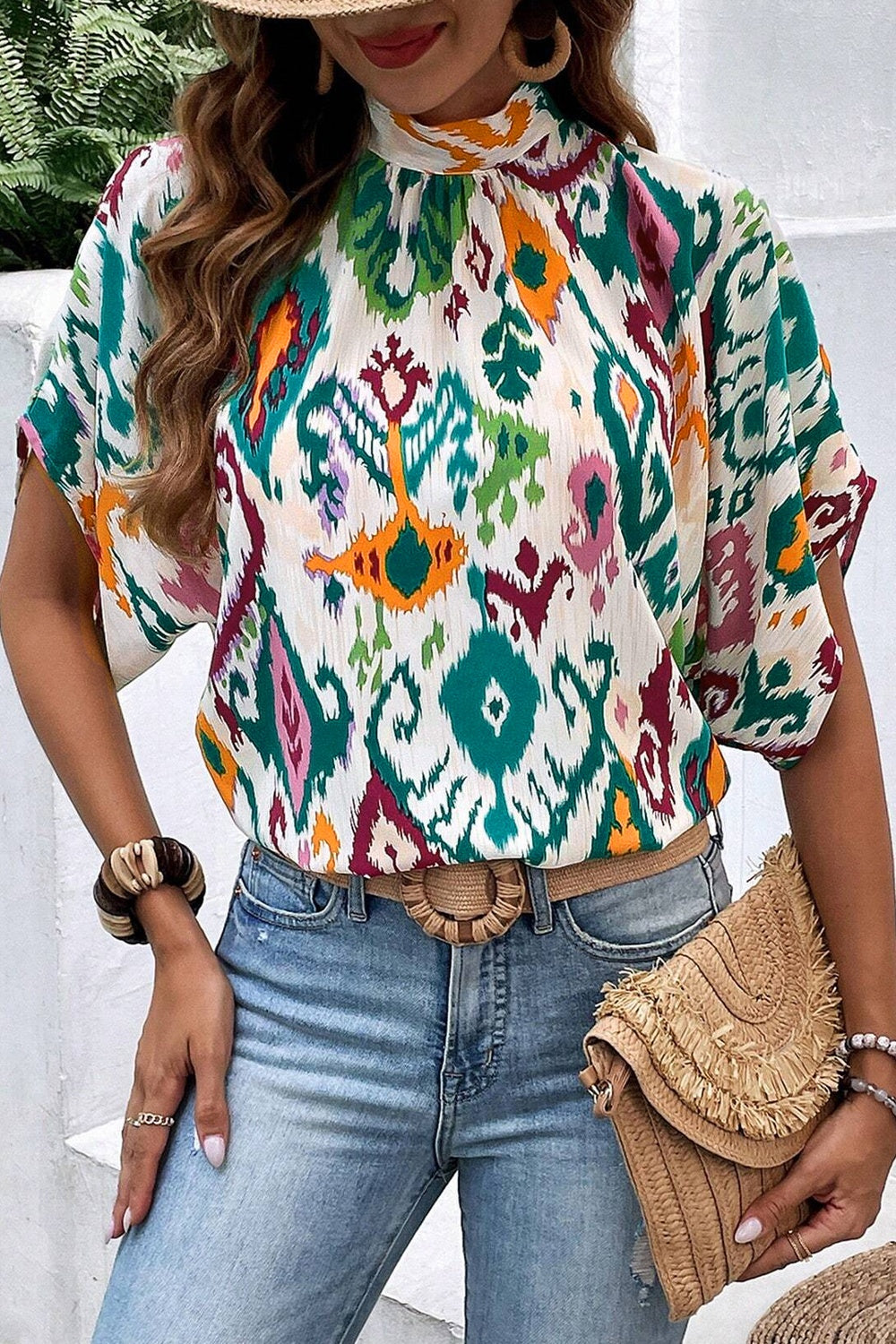 Printed Mock Neck Half Sleeve Blouse