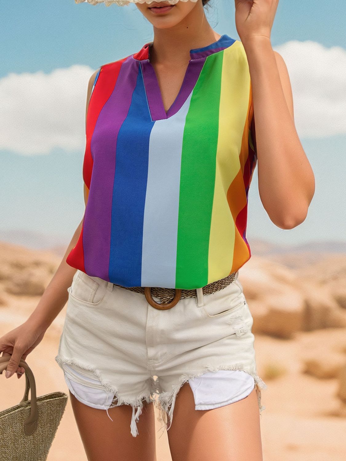 Perfee Color Block Notched Sleeveless Top