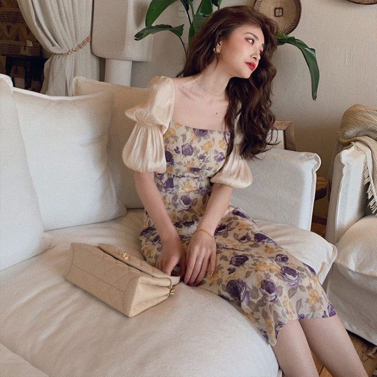Square Neck Bubble Sleeve Dress Female