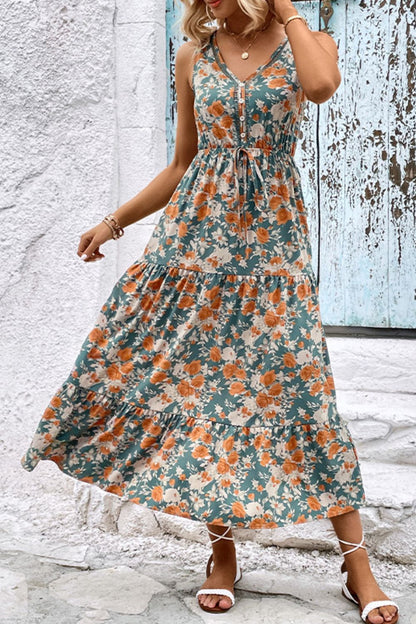 Perfee Floral V-Neck Tiered Sleeveless Dress