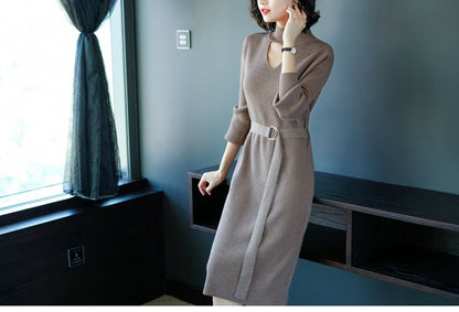 Hollow Sexy Fashion Slim-fit Over-the-knee Mid-length Long-sleeved Sweater Dress