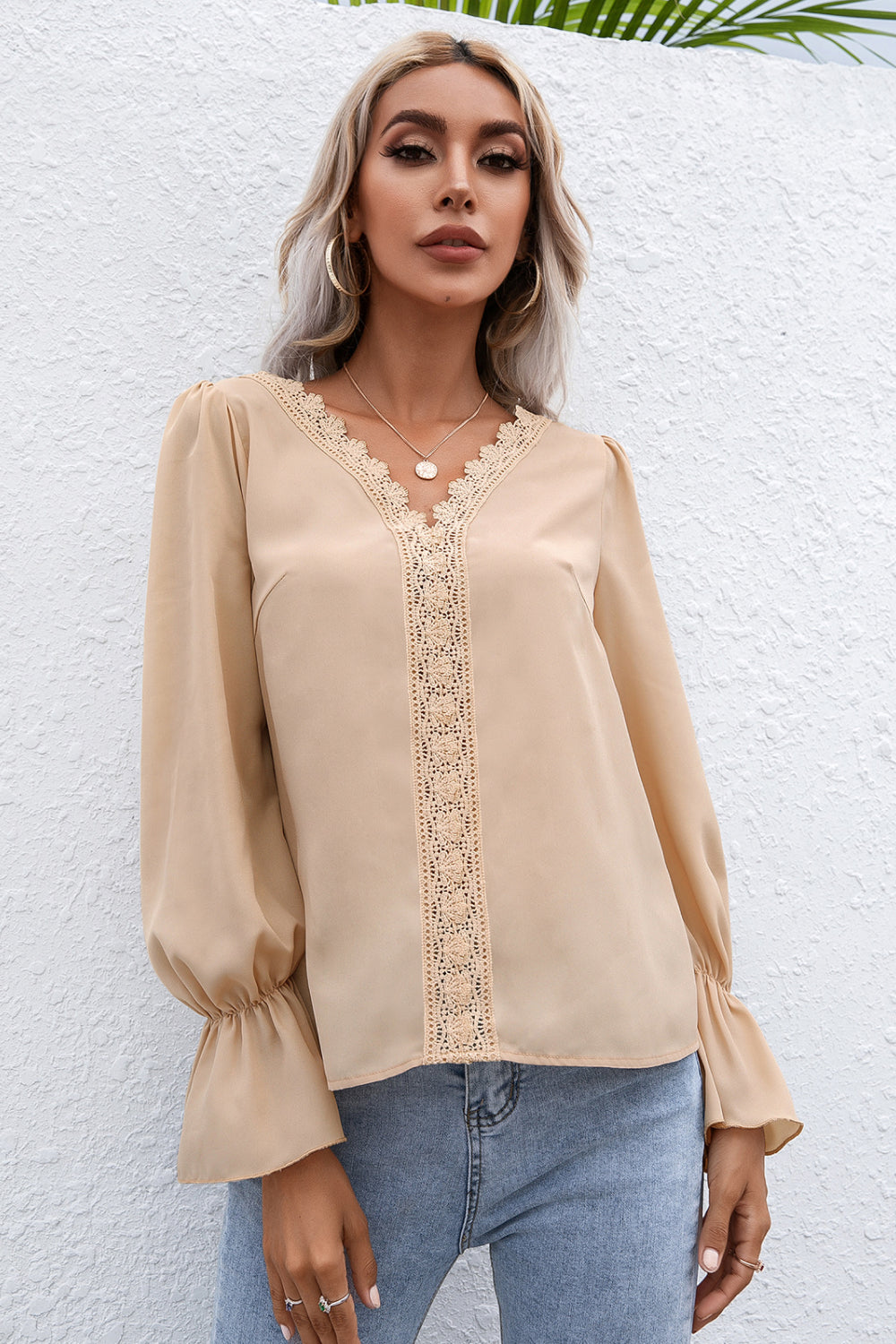 Ivy Lane Lace Trim Flounce Sleeve Blouse