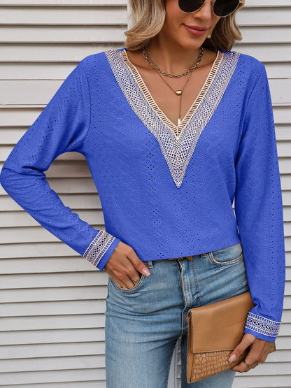 Mandy Contrast V-Neck Eyelet Long Sleeve Top