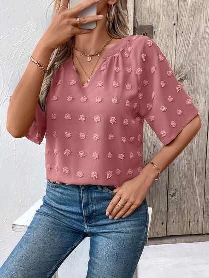 Ivy Lane Swiss Dot Notched Half Sleeve Blouse