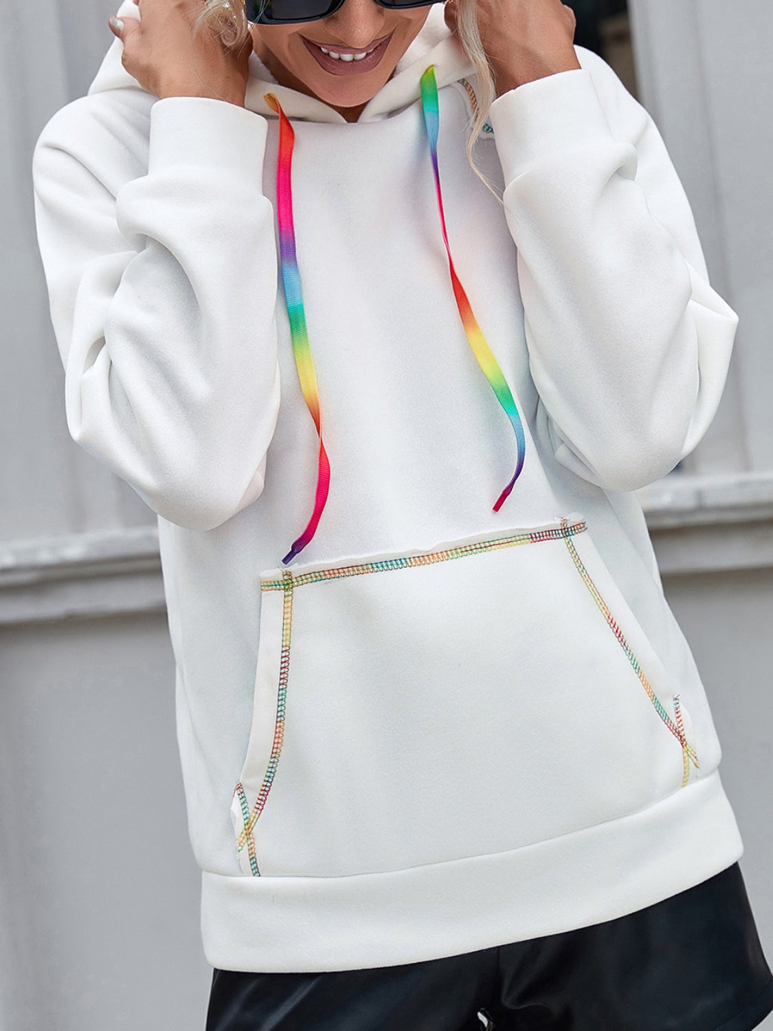 Ivy Lane Contrast Stitching Drawstring Raglan Sleeve Hoodie