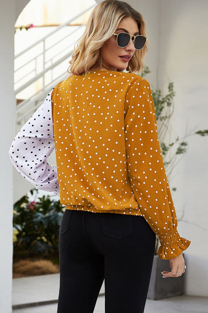 Ivy Lane Polka Dot Surplice Neck Lantern Sleeve Blouse