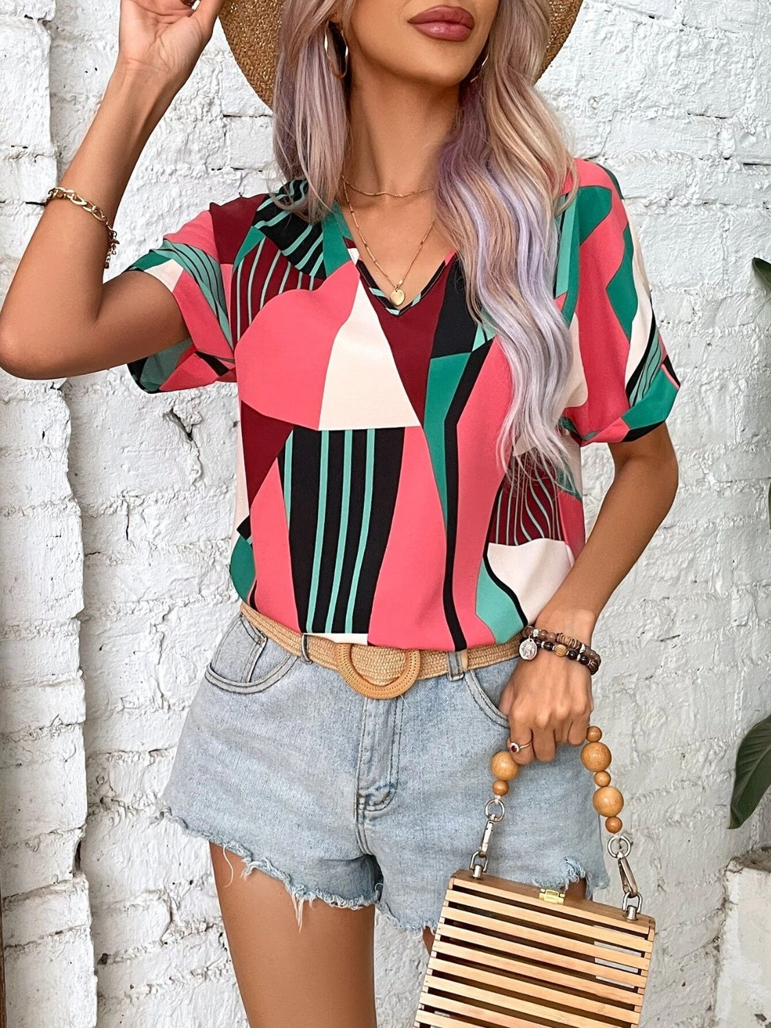 Printed V-Neck Short Sleeve Blouse