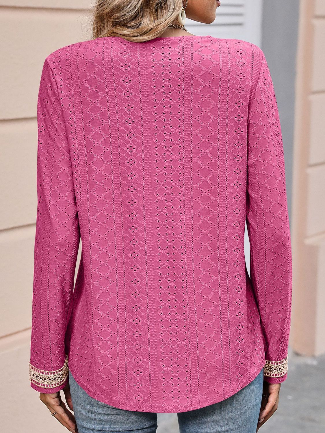 Mandy Contrast V-Neck Eyelet Long Sleeve Top