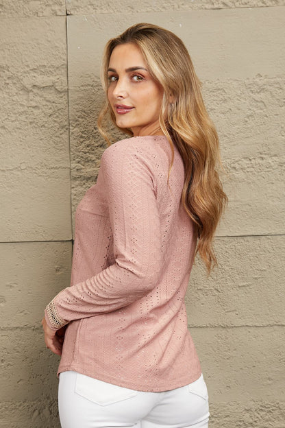 Mandy Contrast V-Neck Eyelet Long Sleeve Top