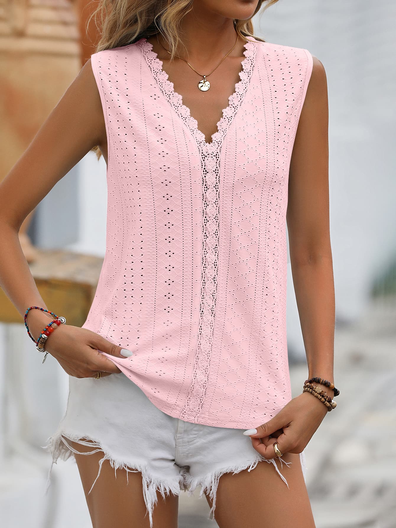 Mandy Spliced Lace V-Neck Sleeveless Tank