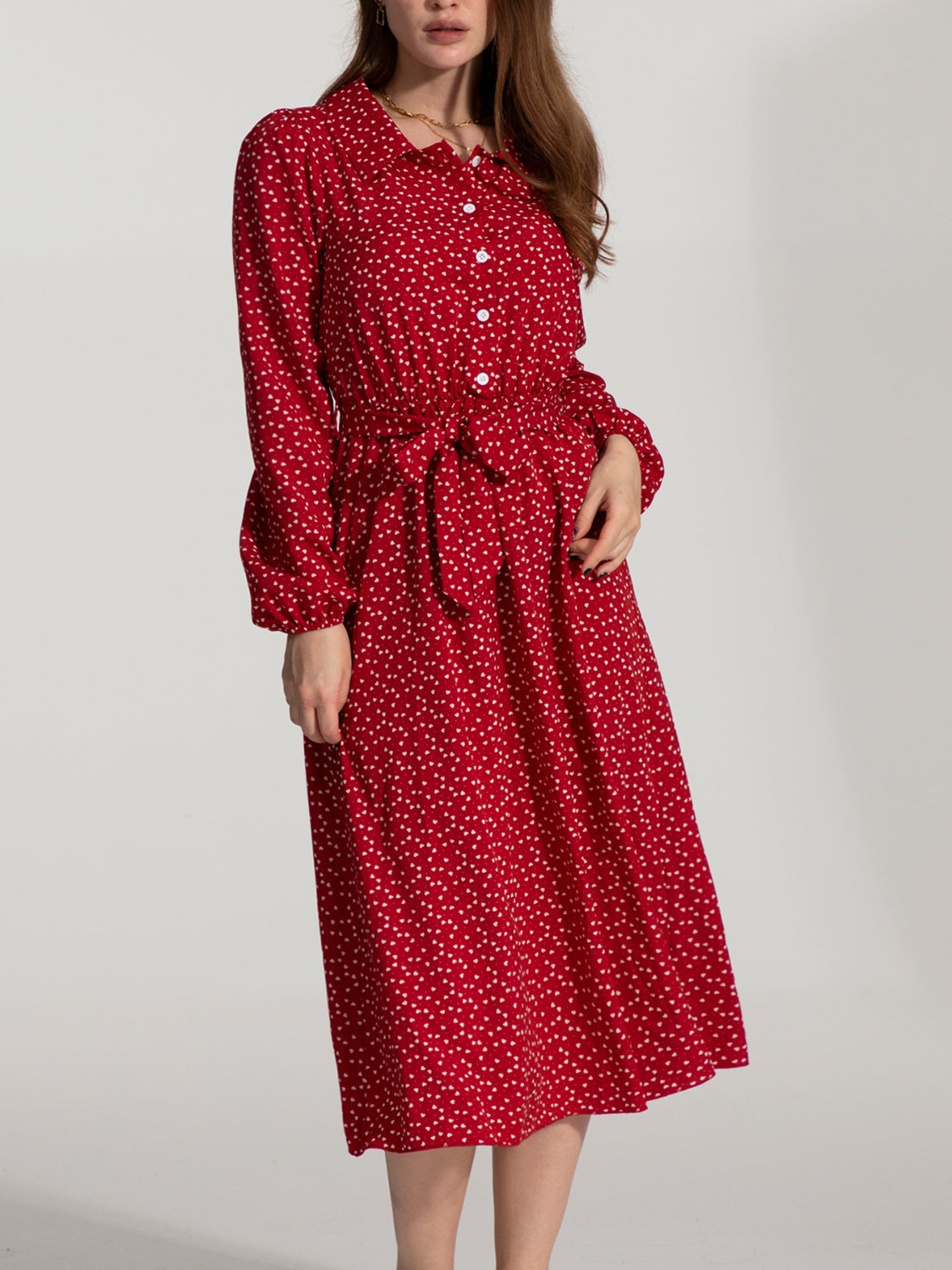 IZURIA Printed Tie Waist Midi Shirt Dress