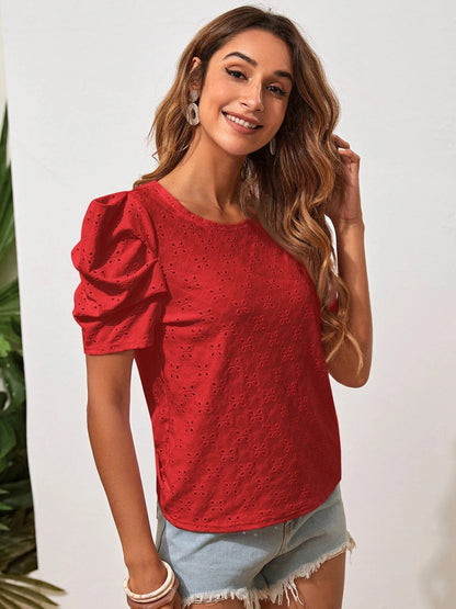 Eyelet Round Neck Puff Sleeve Blouse