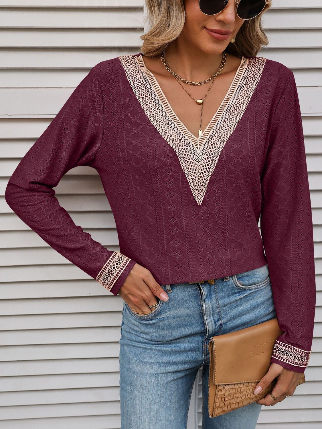 Mandy Contrast V-Neck Eyelet Long Sleeve Top