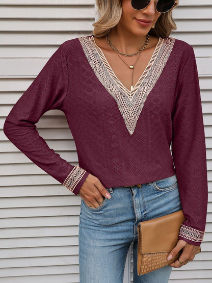 Mandy Contrast V-Neck Eyelet Long Sleeve Top